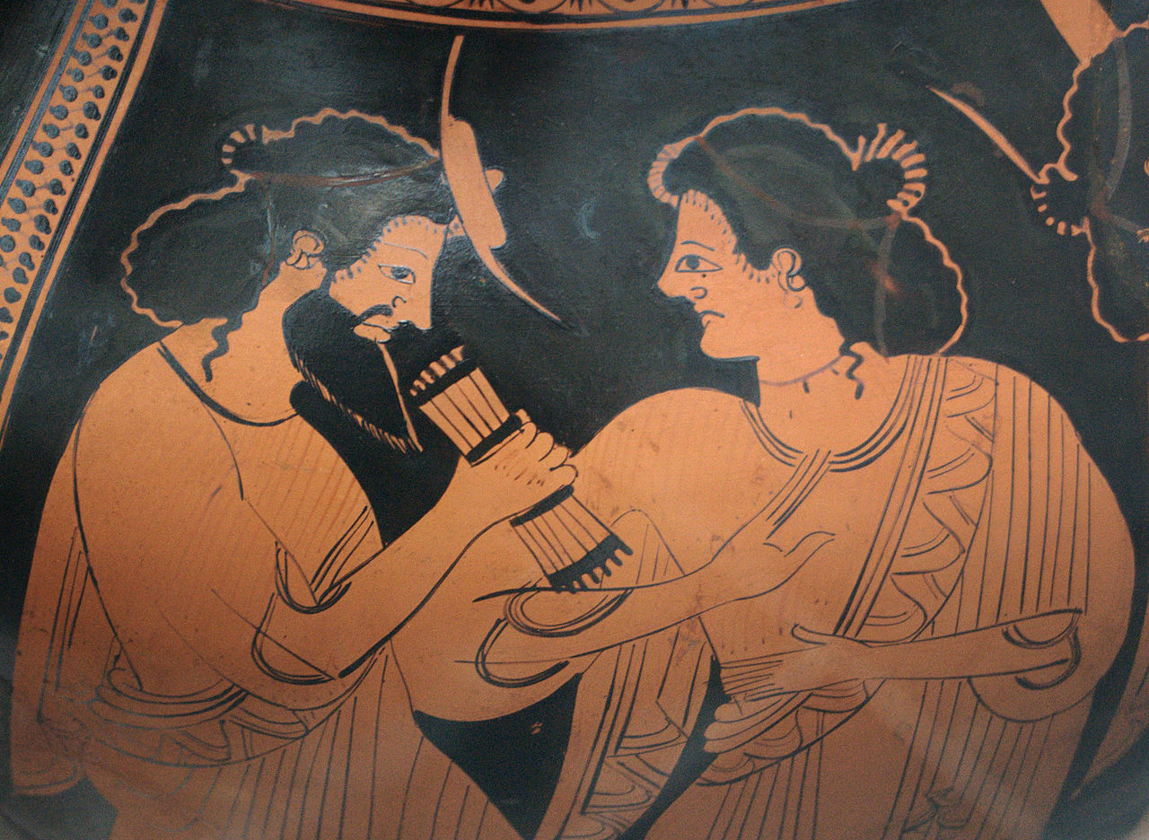 Conselho divino no Olimpo: Hermes com a sua mãe Maia. Pormenor do lado B de uma ânfora ática de figuras vermelhas, de ca. 500 a.C.